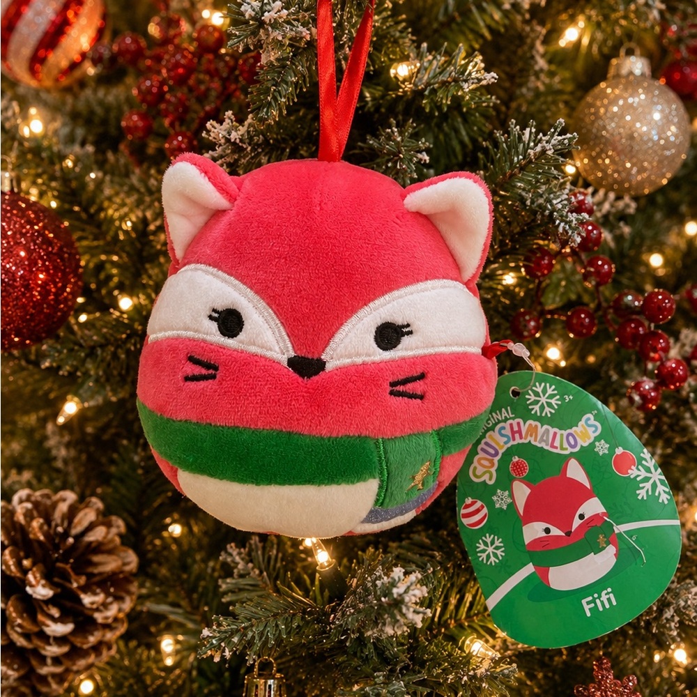 Squishmallows Fifi Fox Holiday Plush Ornament - Pink, Green, Cream